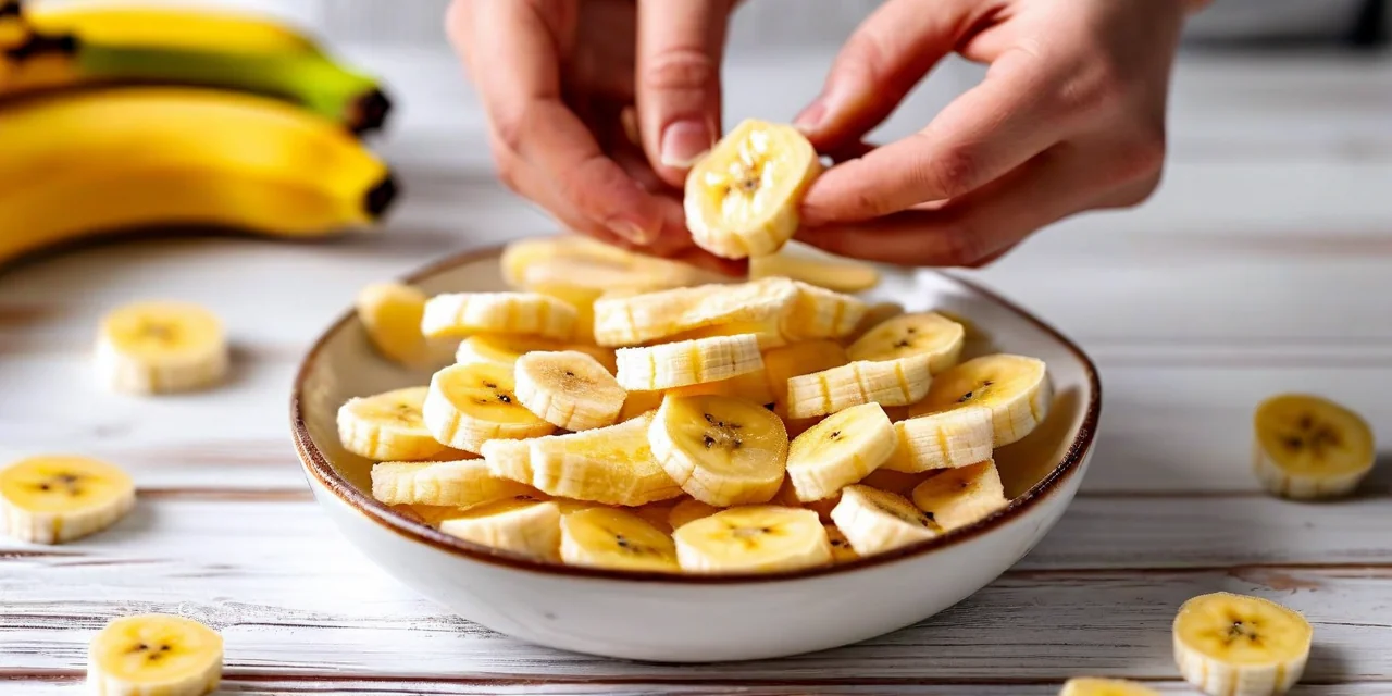 Golden freeze-dried banana slices arranged on a white plate