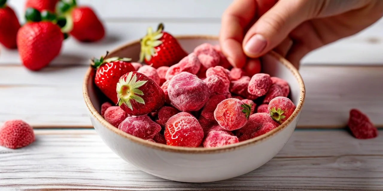 Vibrant red freeze-dried strawberry slices on a white plate